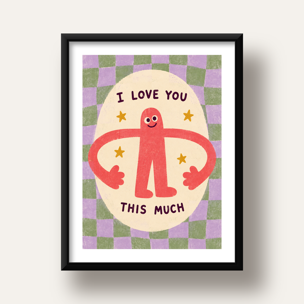 Sevimli Karakterli 'I Love You This Much' Pastel Poster — siyah derin çerçeveli paspartulu