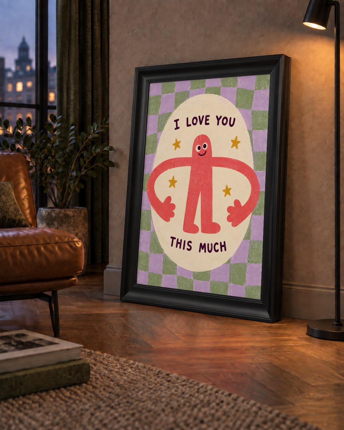 Sevimli Karakterli 'I Love You This Much' Pastel Poster — çerçeveli hâliyle bir ev duvarında