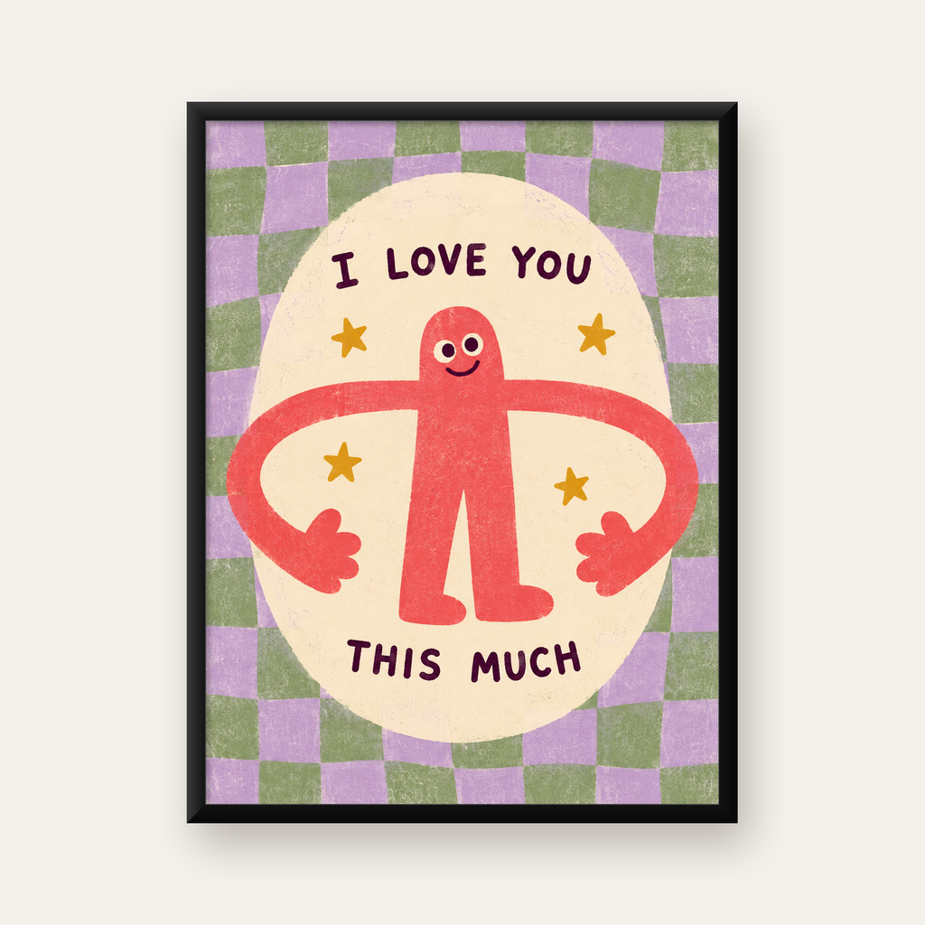 Sevimli Karakterli 'I Love You This Much' Pastel Poster — Dikey baskı, düz siyah çerçeveli duvar posteri