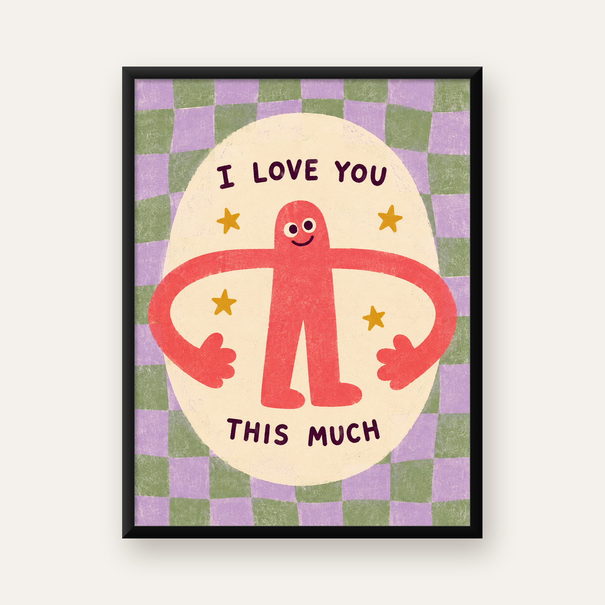 Sevimli Karakterli 'I Love You This Much' Pastel Poster — Dikey baskı, düz siyah çerçeveli duvar posteri
