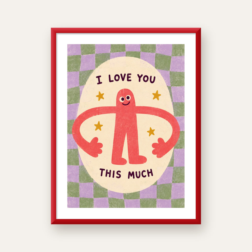 Sevimli Karakterli 'I Love You This Much' Pastel Poster — kırmızı çerçeveli paspartulu