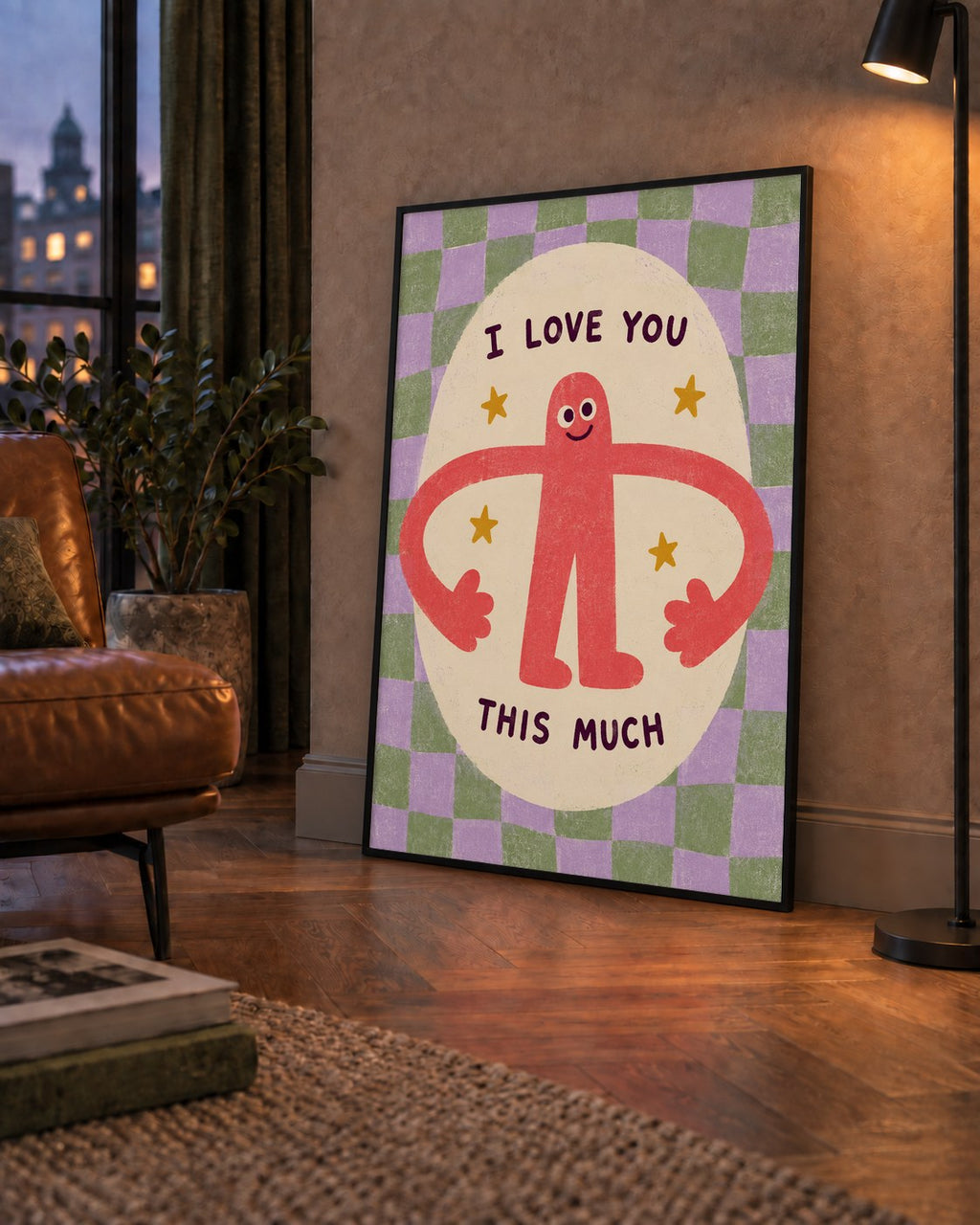 Sevimli Karakterli 'I Love You This Much' Pastel Poster — çerçeveli hâliyle bir ev duvarında