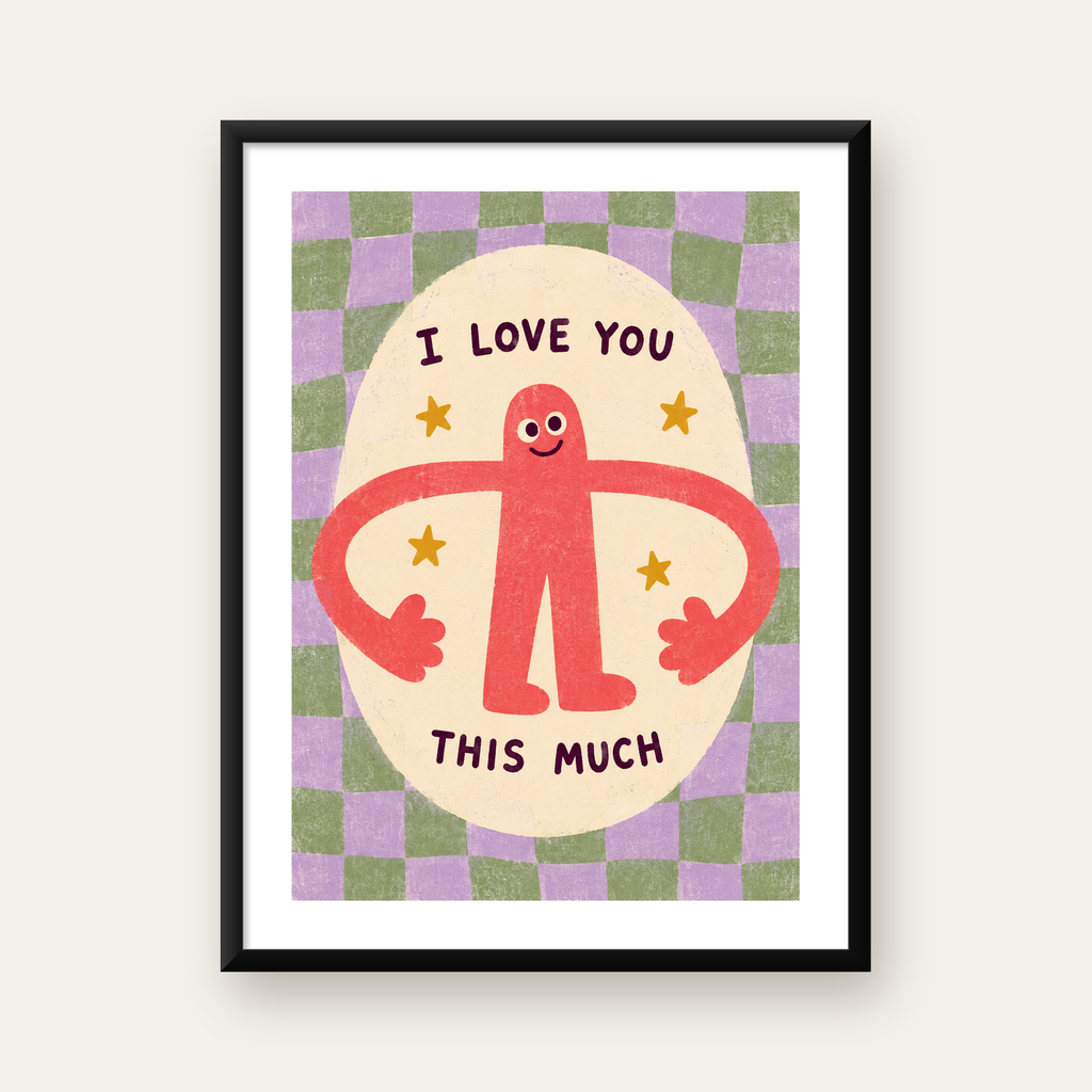 Sevimli Karakterli 'I Love You This Much' Pastel Poster — Dikey baskı, beyaz paspartulu