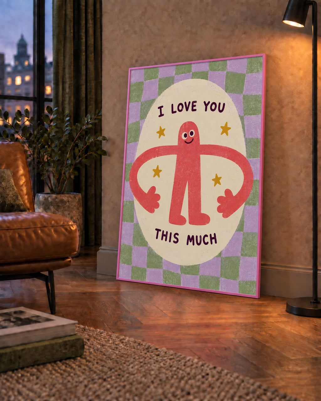 Sevimli Karakterli 'I Love You This Much' Pastel Poster — çerçeveli hâliyle bir ev duvarında