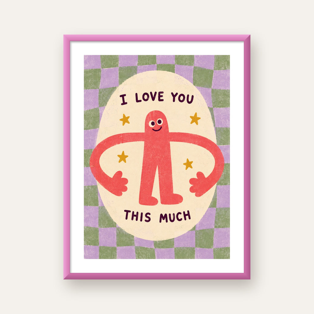 Sevimli Karakterli 'I Love You This Much' Pastel Poster — pembe çerçeveli paspartulu