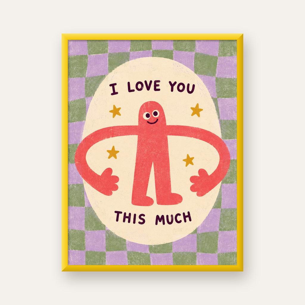 Sevimli Karakterli 'I Love You This Much' Pastel Poster — sarı çerçeveli