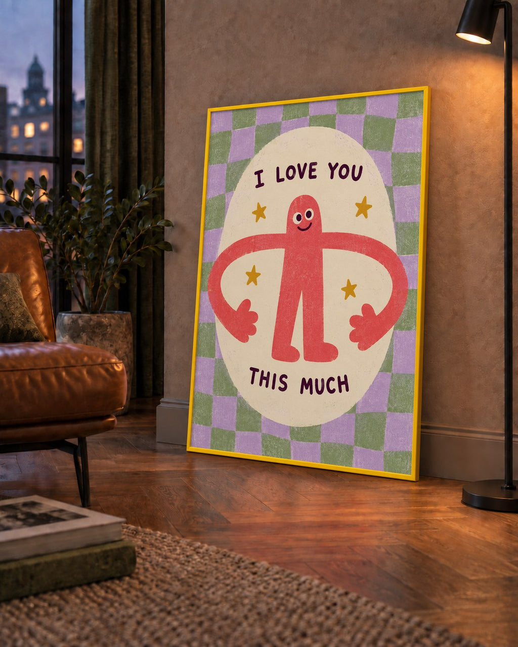 Sevimli Karakterli 'I Love You This Much' Pastel Poster — çerçeveli hâliyle bir ev duvarında