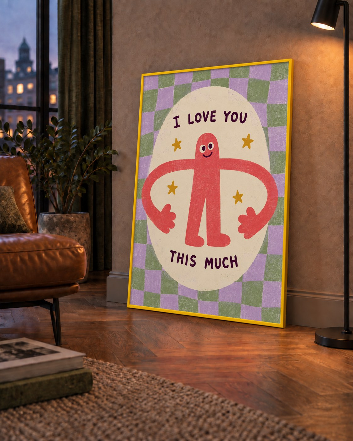 Sevimli Karakterli 'I Love You This Much' Pastel Poster — çerçeveli hâliyle bir ev duvarında