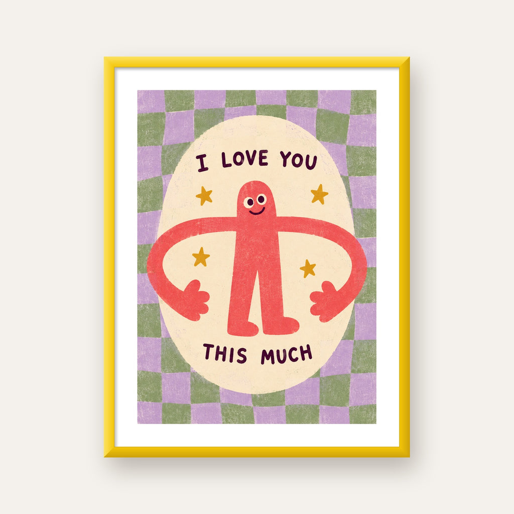 Sevimli Karakterli 'I Love You This Much' Pastel Poster — sarı çerçeveli paspartulu