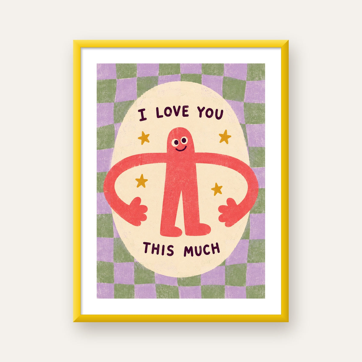 Sevimli Karakterli 'I Love You This Much' Pastel Poster — sarı çerçeveli paspartulu
