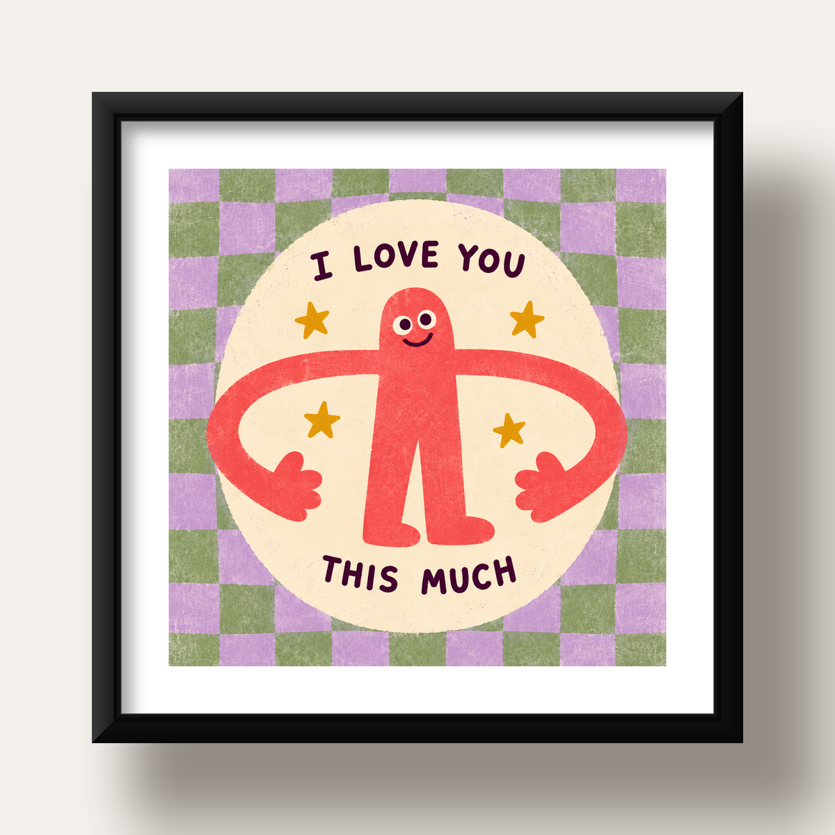 Sevimli Karakterli 'I Love You This Much' Pastel Poster — siyah derin çerçeveli paspartulu