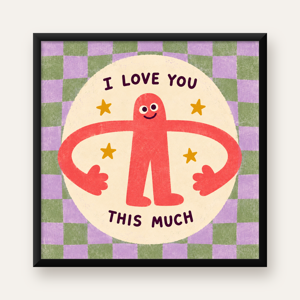 Sevimli Karakterli 'I Love You This Much' Pastel Poster — Kare baskı, düz siyah çerçeveli duvar posteri