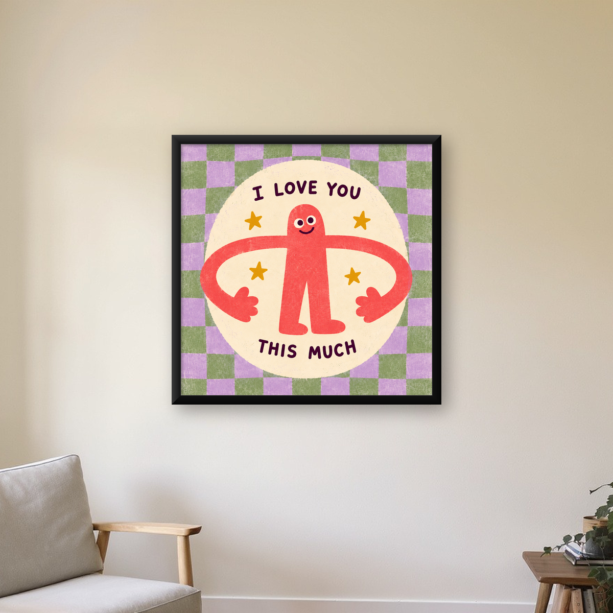 Sevimli Karakterli 'I Love You This Much' Pastel Poster — Kare baskı, çerçeveli hâliyle bir ev duvarında