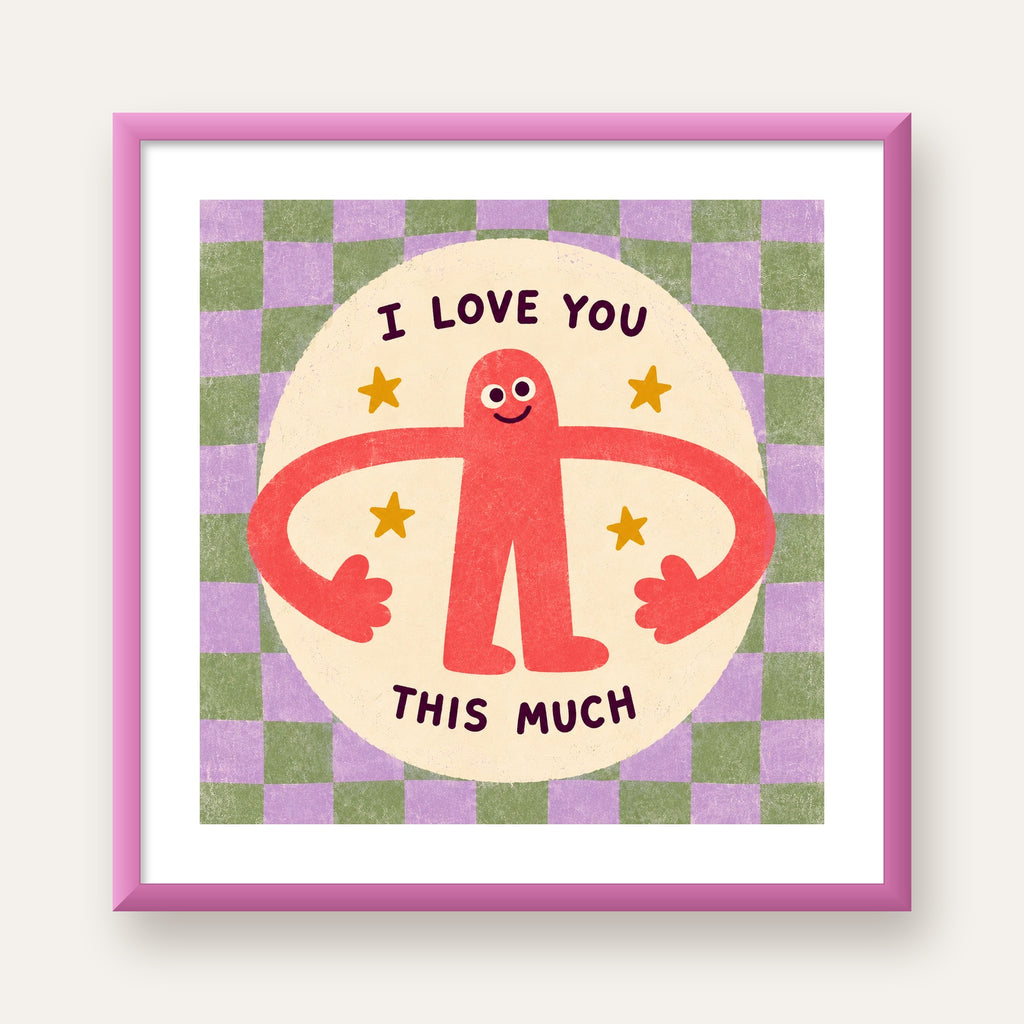 Sevimli Karakterli 'I Love You This Much' Pastel Poster — pembe çerçeveli paspartulu