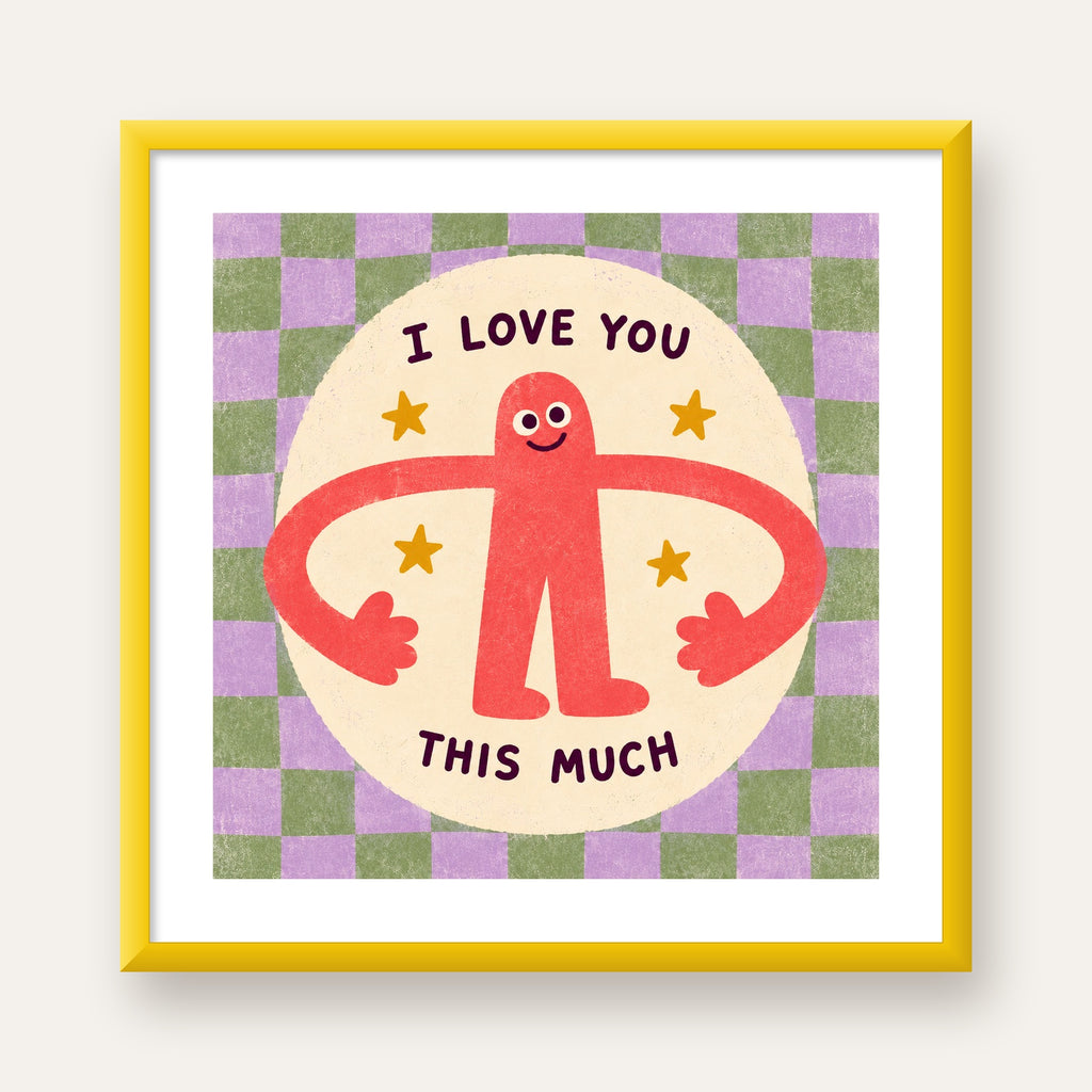 Sevimli Karakterli 'I Love You This Much' Pastel Poster — sarı çerçeveli paspartulu