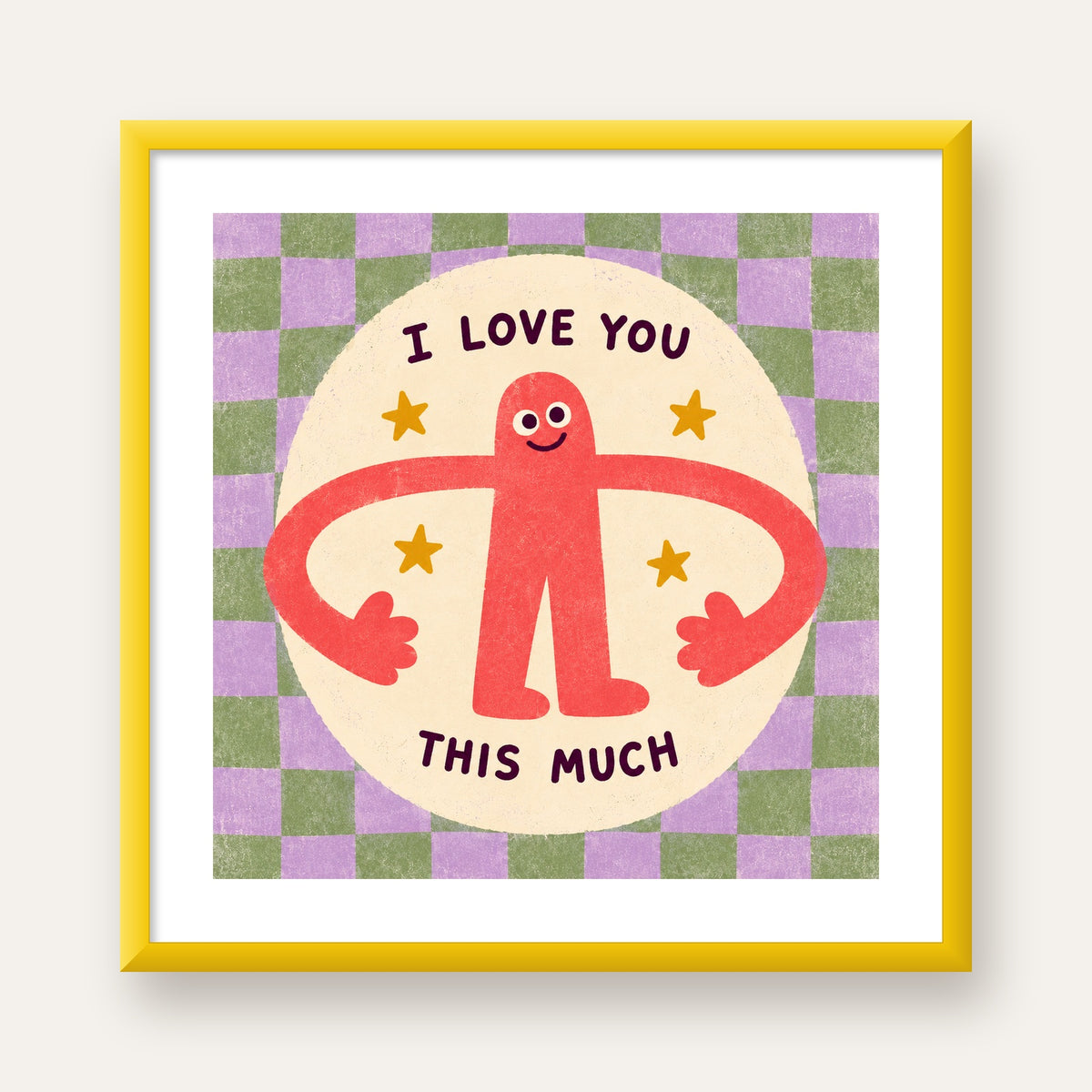 Sevimli Karakterli 'I Love You This Much' Pastel Poster — sarı çerçeveli paspartulu
