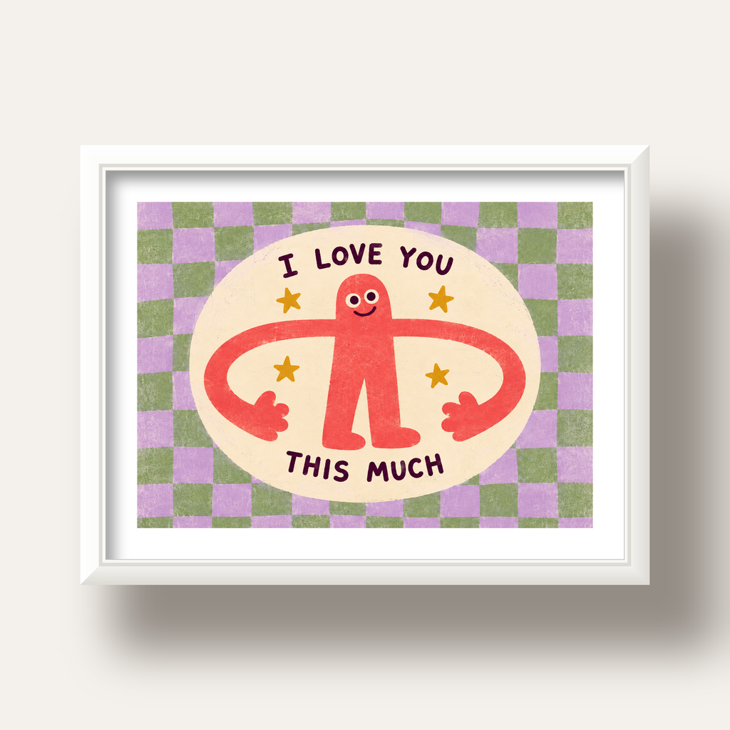 Sevimli Karakterli 'I Love You This Much' Pastel Poster — beyaz derin çerçeveli paspartulu