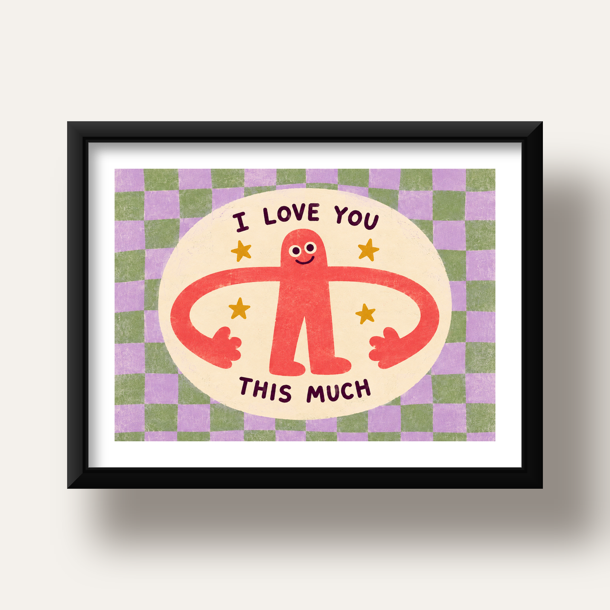 Sevimli Karakterli 'I Love You This Much' Pastel Poster — siyah derin çerçeveli paspartulu