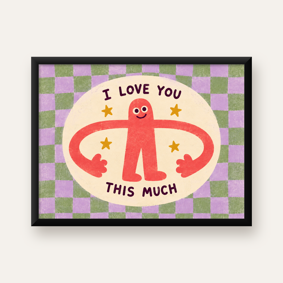 Sevimli Karakterli 'I Love You This Much' Pastel Poster — Yatay baskı, düz siyah çerçeveli duvar posteri