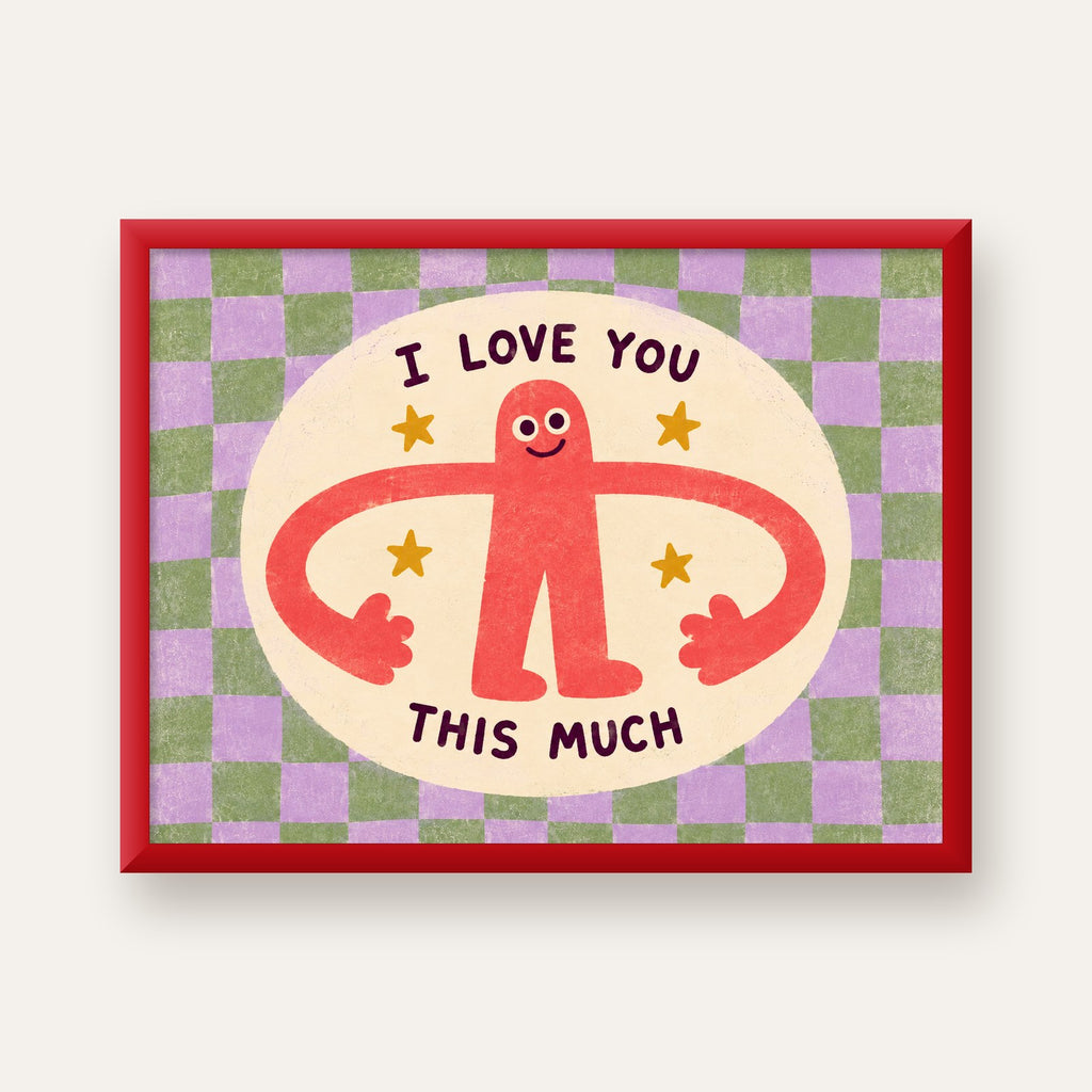 Sevimli Karakterli 'I Love You This Much' Pastel Poster — kırmızı çerçeveli