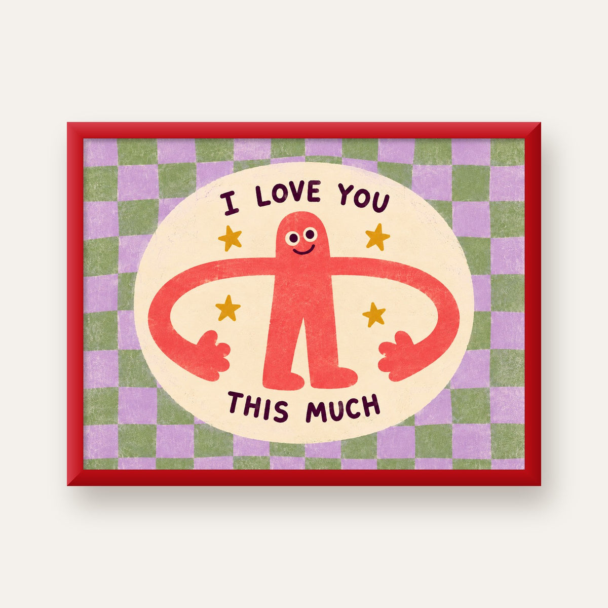 Sevimli Karakterli 'I Love You This Much' Pastel Poster — kırmızı çerçeveli