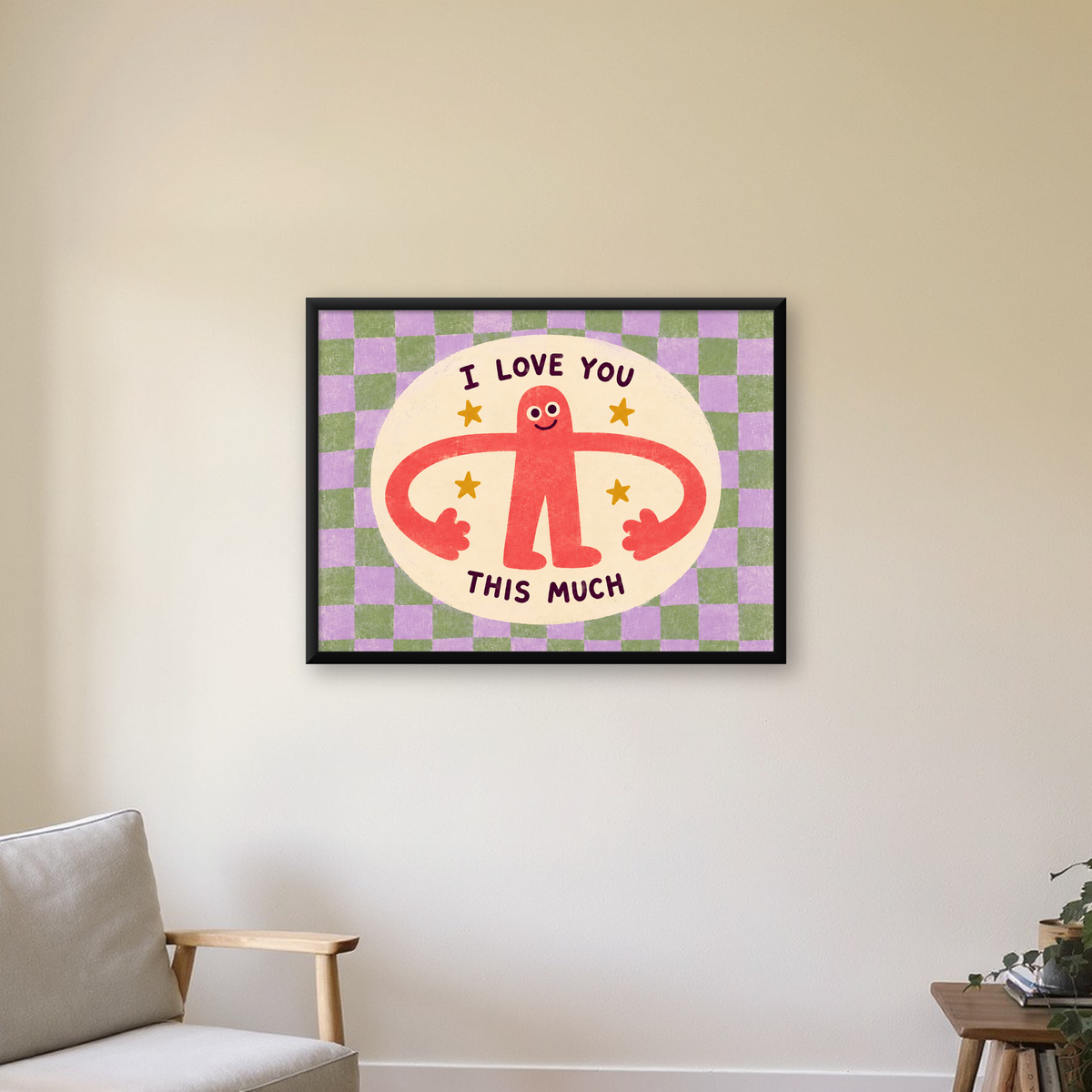 Sevimli Karakterli 'I Love You This Much' Pastel Poster — Yatay baskı, çerçeveli hâliyle bir ev duvarında
