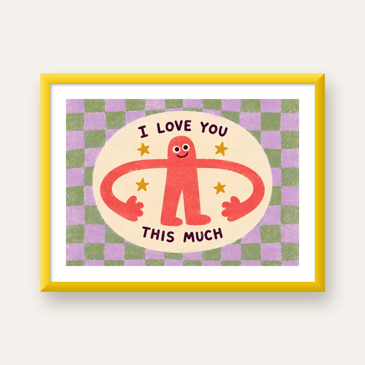 Sevimli Karakterli 'I Love You This Much' Pastel Poster — sarı çerçeveli paspartulu