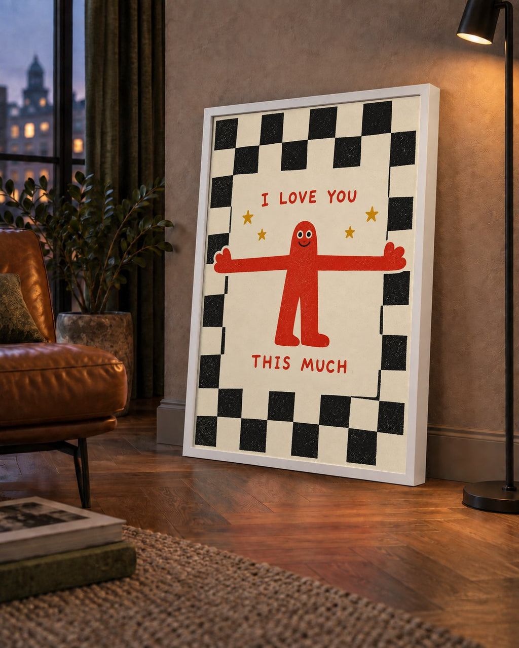 Sevimli Karakterli Aşk Mesajlı Çizgi Film Poster - I LOVE YOU — çerçeveli hâliyle bir ev duvarında