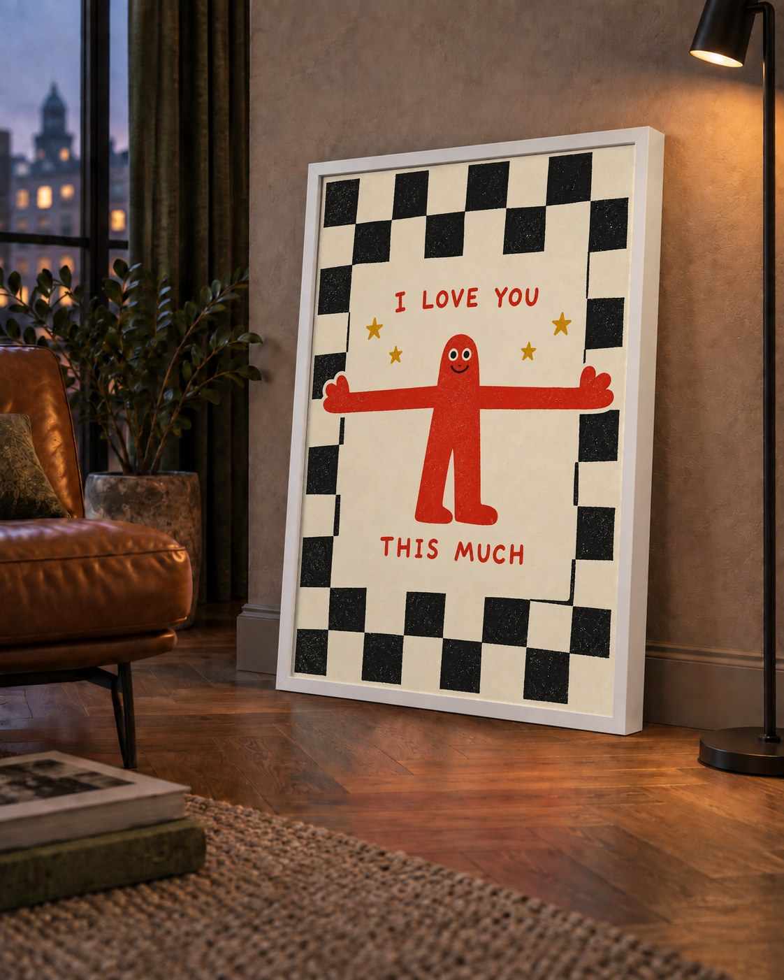 Sevimli Karakterli Aşk Mesajlı Çizgi Film Poster - I LOVE YOU — çerçeveli hâliyle bir ev duvarında