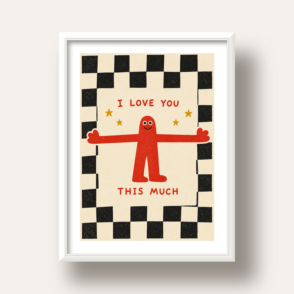 Sevimli Karakterli Aşk Mesajlı Çizgi Film Poster - I LOVE YOU — beyaz derin çerçeveli paspartulu
