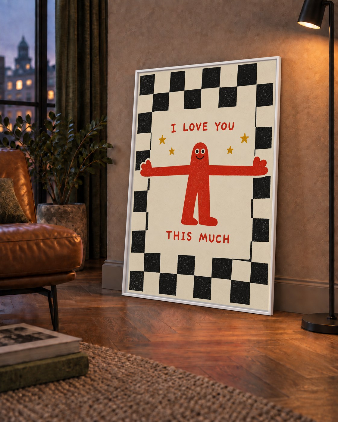 Sevimli Karakterli Aşk Mesajlı Çizgi Film Poster - I LOVE YOU — çerçeveli hâliyle bir ev duvarında