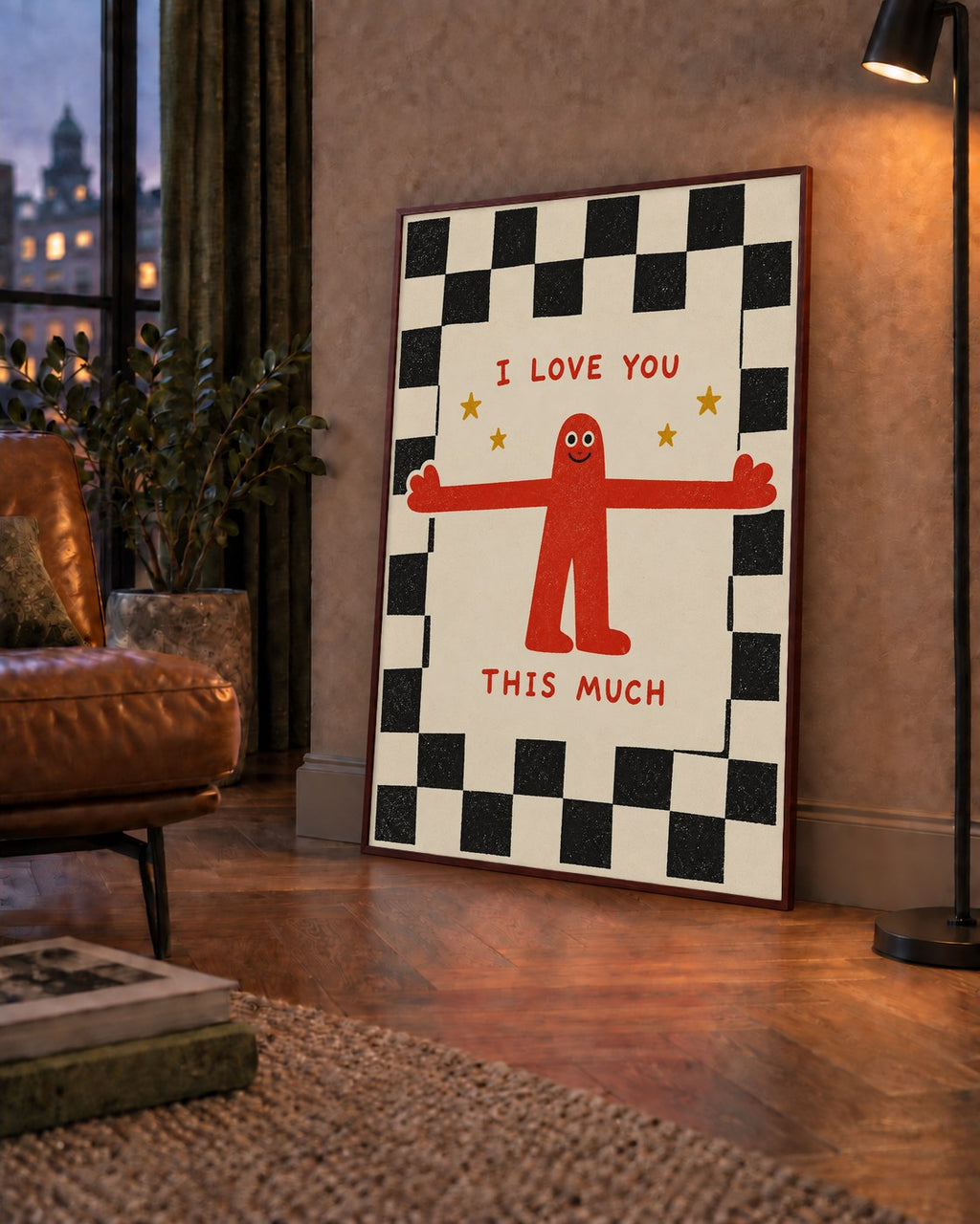 Sevimli Karakterli Aşk Mesajlı Çizgi Film Poster - I LOVE YOU — çerçeveli hâliyle bir ev duvarında