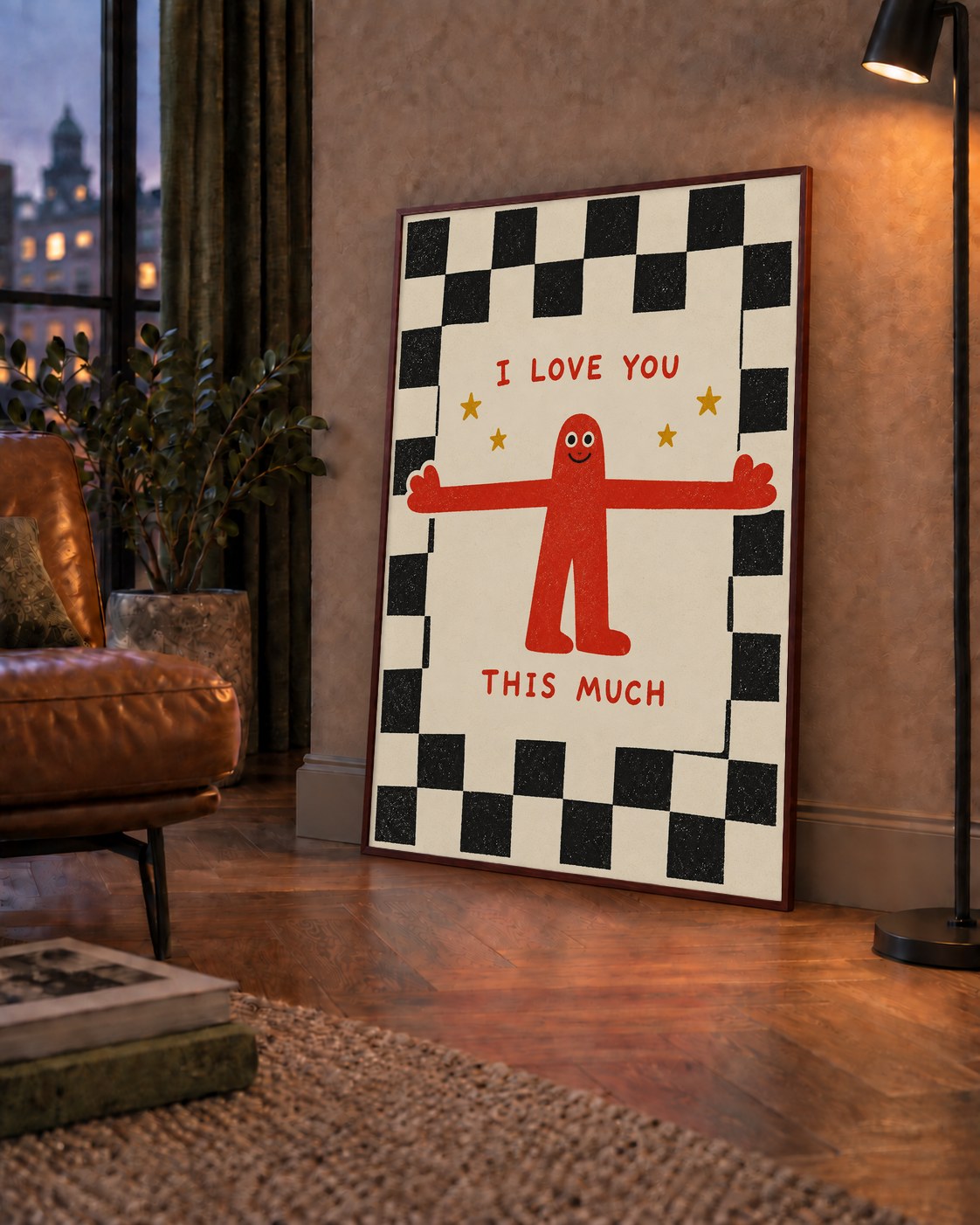 Sevimli Karakterli Aşk Mesajlı Çizgi Film Poster - I LOVE YOU — çerçeveli hâliyle bir ev duvarında
