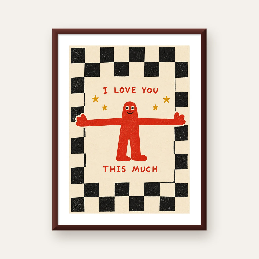 Sevimli Karakterli Aşk Mesajlı Çizgi Film Poster - I LOVE YOU — ceviz çerçeveli paspartulu