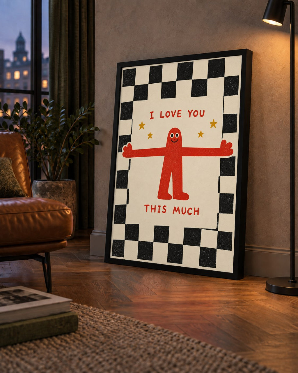 Sevimli Karakterli Aşk Mesajlı Çizgi Film Poster - I LOVE YOU — çerçeveli hâliyle bir ev duvarında