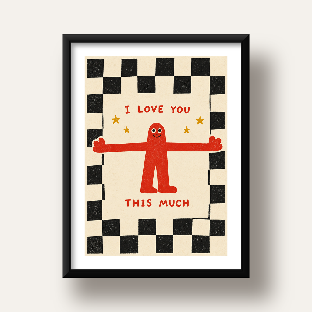 Sevimli Karakterli Aşk Mesajlı Çizgi Film Poster - I LOVE YOU — siyah derin çerçeveli paspartulu