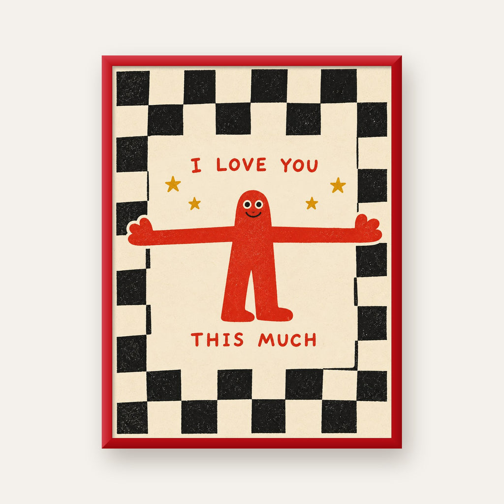 Sevimli Karakterli Aşk Mesajlı Çizgi Film Poster - I LOVE YOU — kırmızı çerçeveli