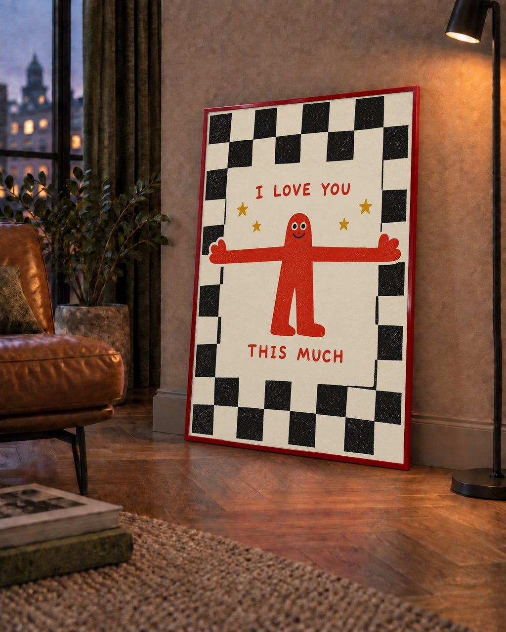 Sevimli Karakterli Aşk Mesajlı Çizgi Film Poster - I LOVE YOU — çerçeveli hâliyle bir ev duvarında
