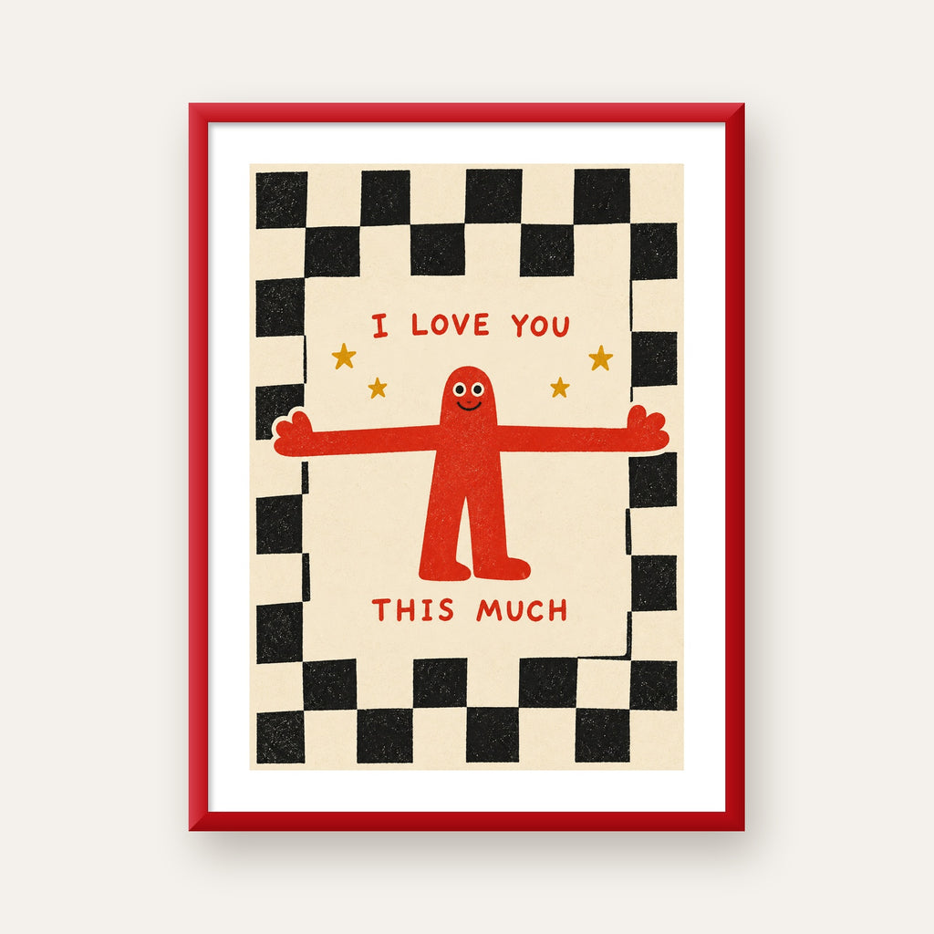 Sevimli Karakterli Aşk Mesajlı Çizgi Film Poster - I LOVE YOU — kırmızı çerçeveli paspartulu