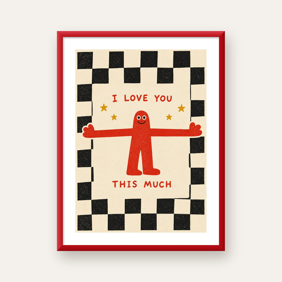 Sevimli Karakterli Aşk Mesajlı Çizgi Film Poster - I LOVE YOU — kırmızı çerçeveli paspartulu