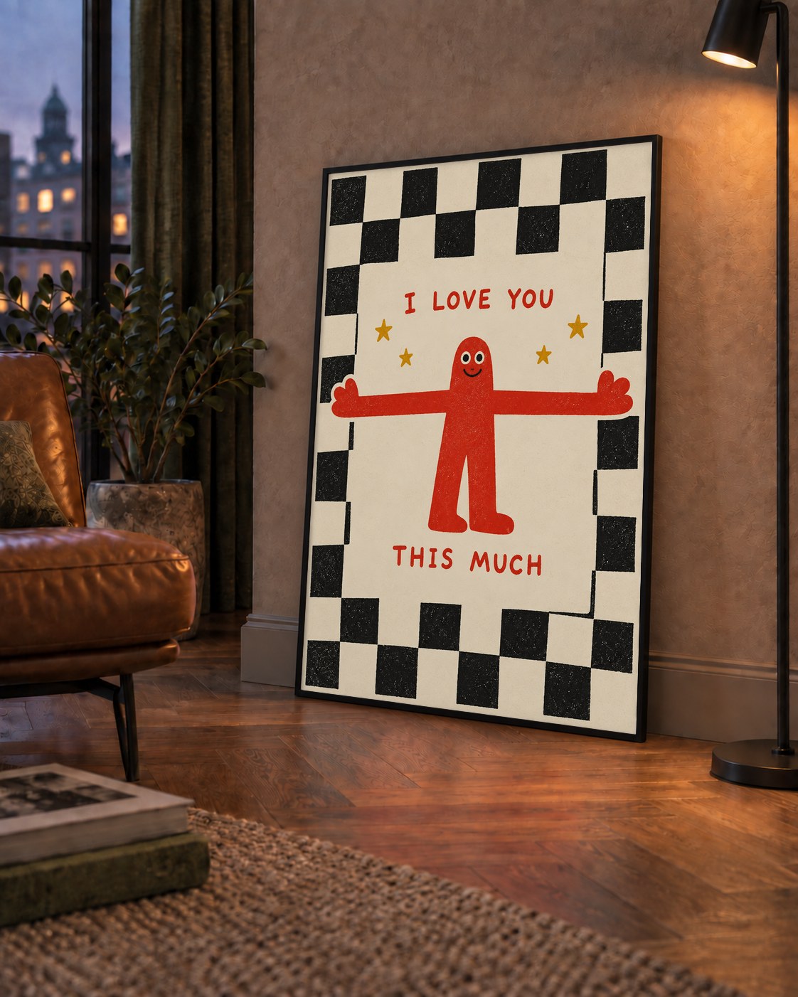 Sevimli Karakterli Aşk Mesajlı Çizgi Film Poster - I LOVE YOU — çerçeveli hâliyle bir ev duvarında