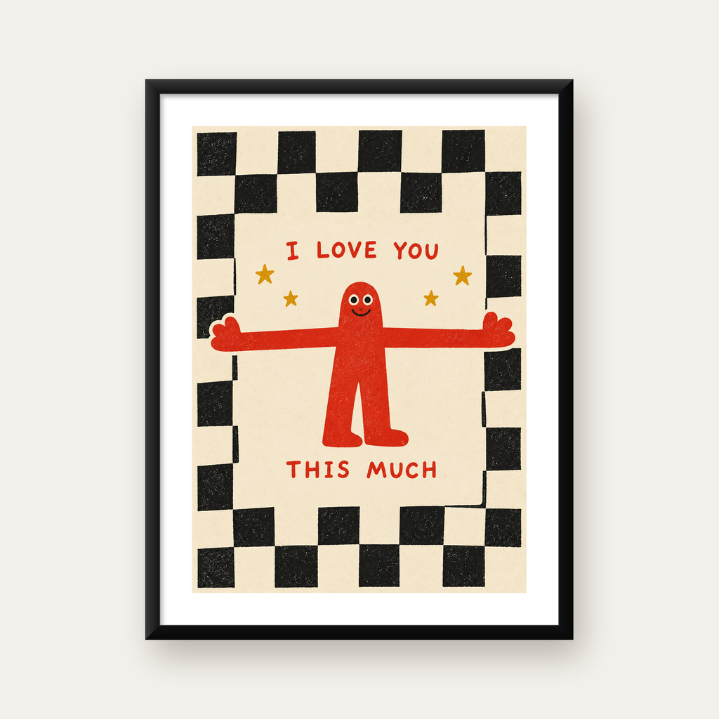 Sevimli Karakterli Aşk Mesajlı Çizgi Film Poster - I LOVE YOU — Dikey baskı, beyaz paspartulu