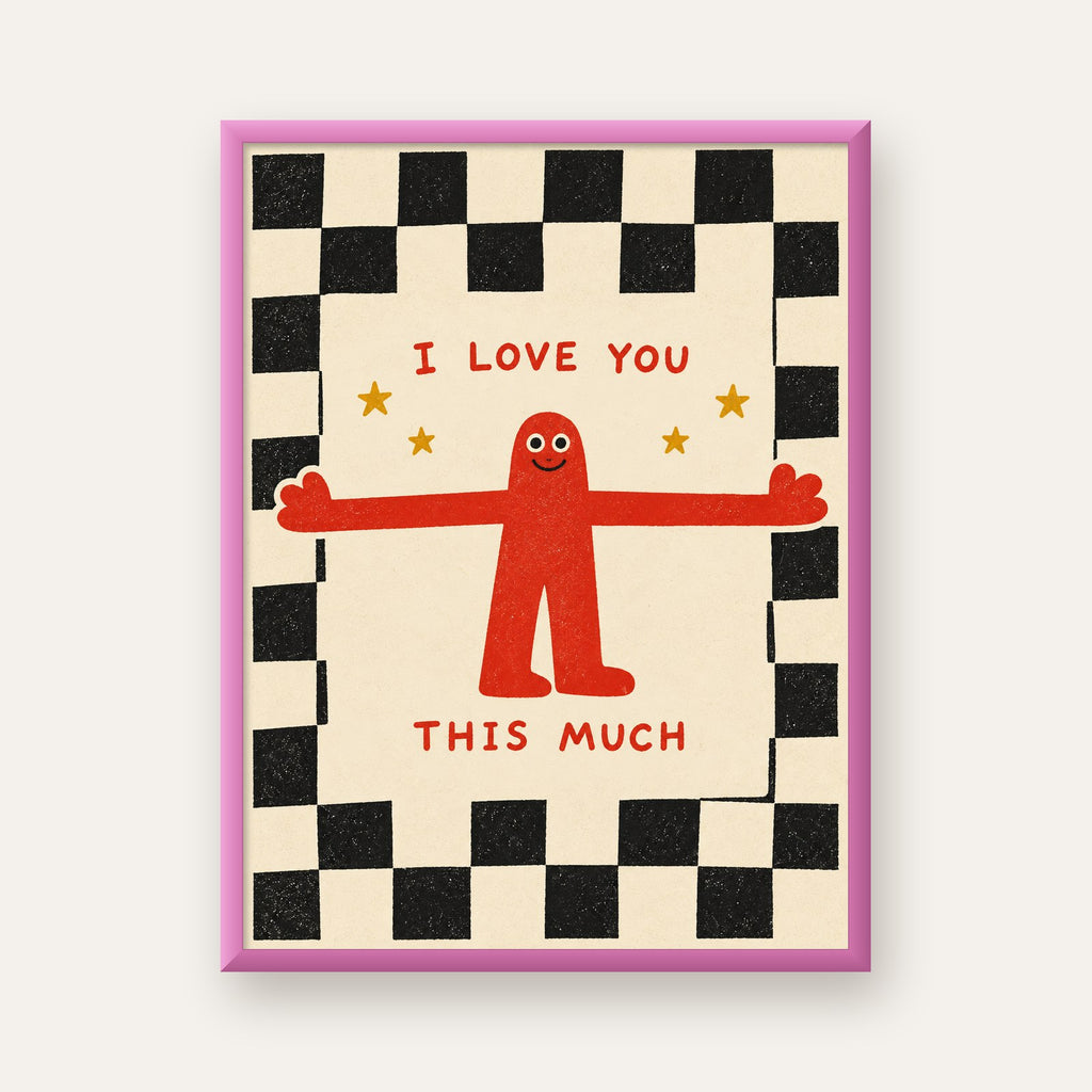 Sevimli Karakterli Aşk Mesajlı Çizgi Film Poster - I LOVE YOU — pembe çerçeveli