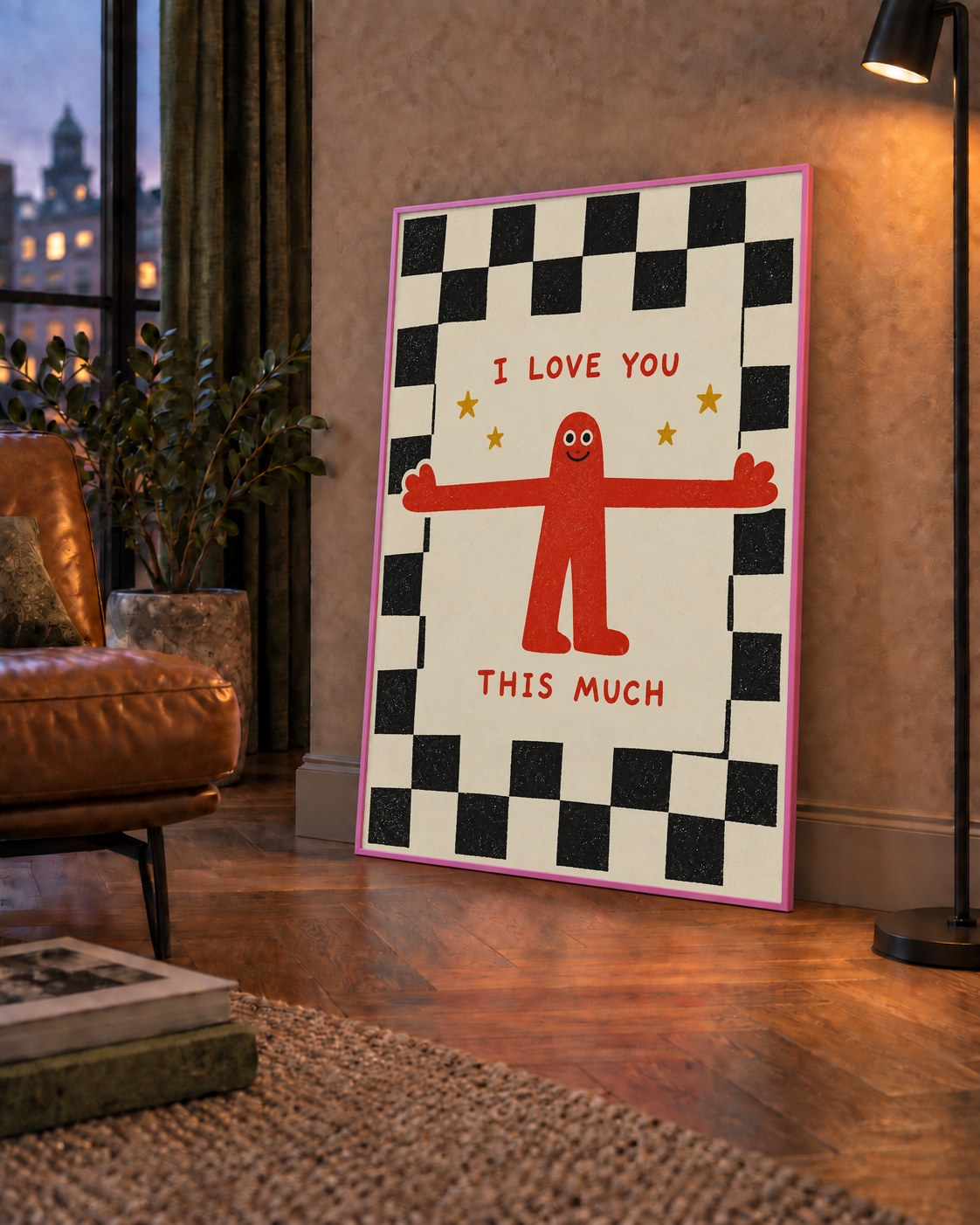 Sevimli Karakterli Aşk Mesajlı Çizgi Film Poster - I LOVE YOU — çerçeveli hâliyle bir ev duvarında