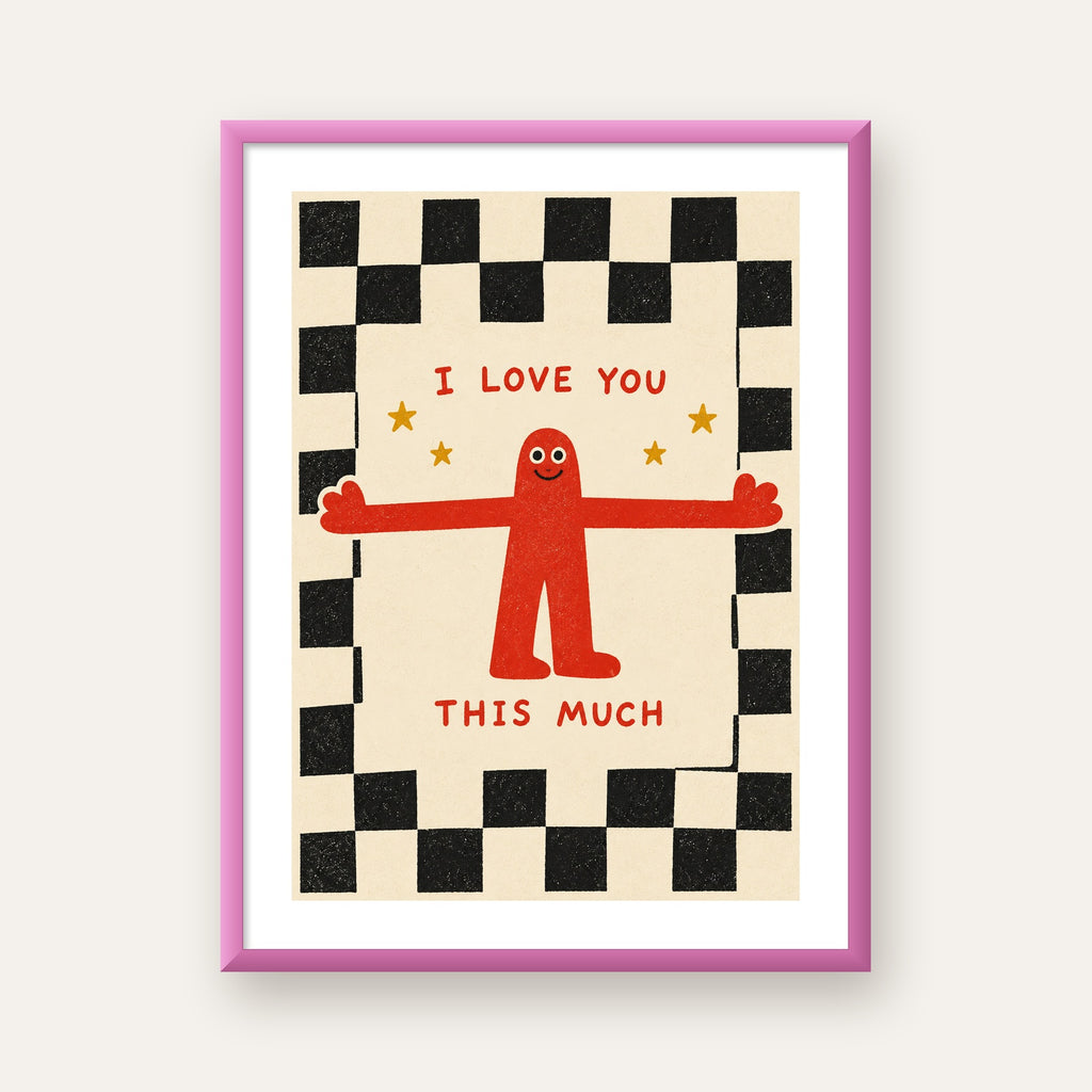 Sevimli Karakterli Aşk Mesajlı Çizgi Film Poster - I LOVE YOU — pembe çerçeveli paspartulu