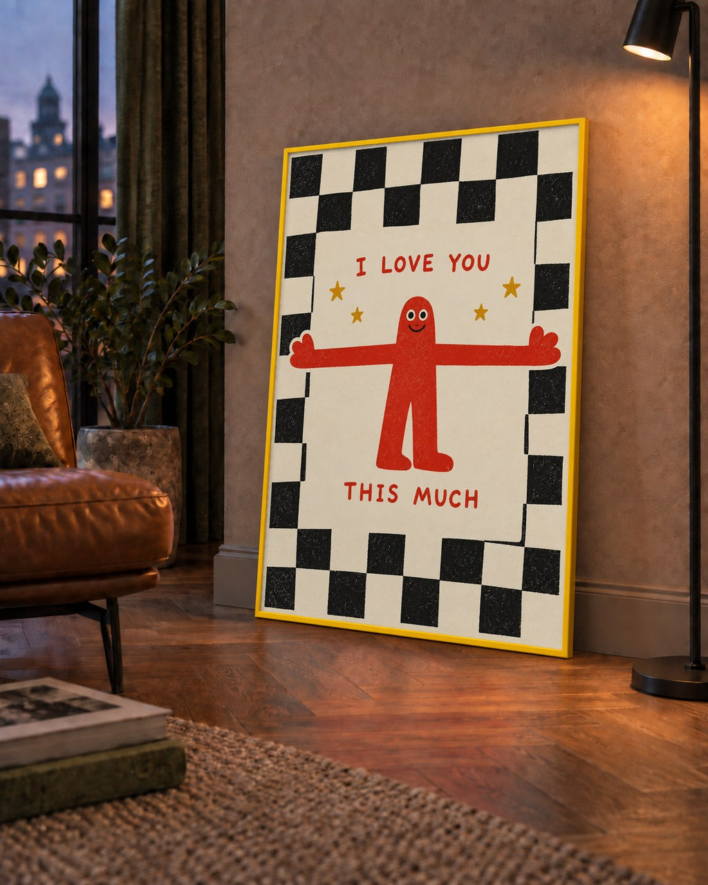 Sevimli Karakterli Aşk Mesajlı Çizgi Film Poster - I LOVE YOU — çerçeveli hâliyle bir ev duvarında