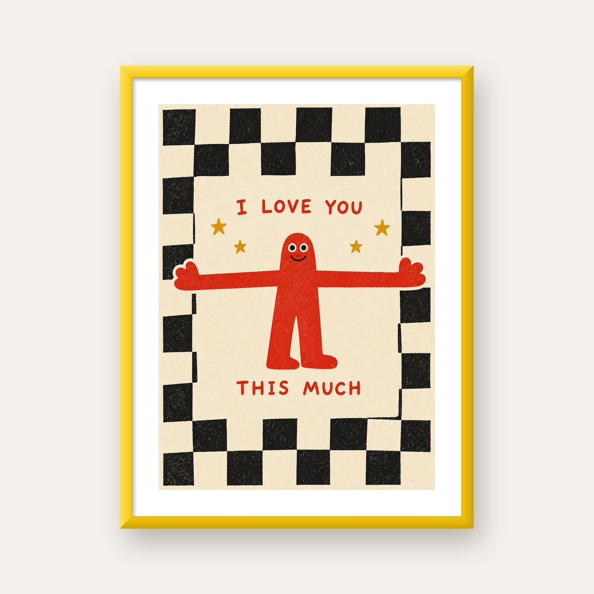 Sevimli Karakterli Aşk Mesajlı Çizgi Film Poster - I LOVE YOU — sarı çerçeveli paspartulu