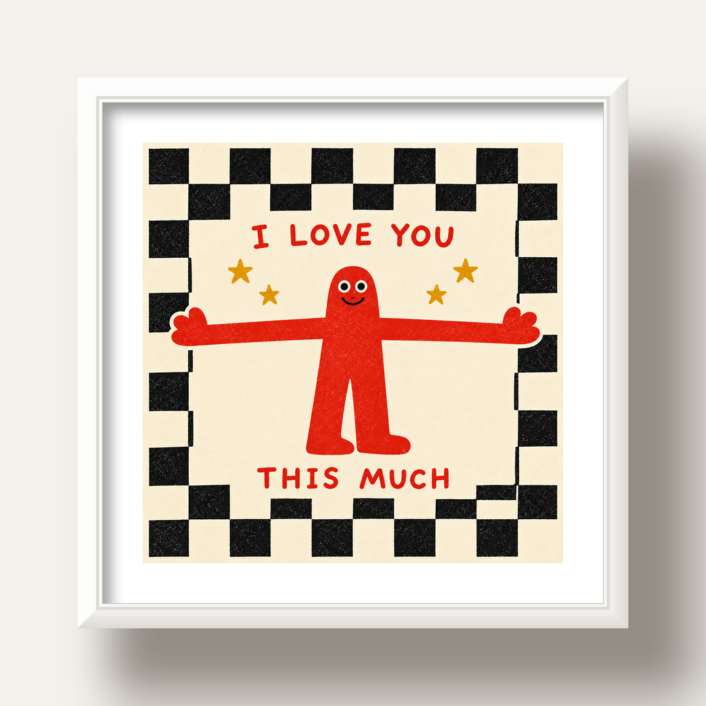 Sevimli Karakterli Aşk Mesajlı Çizgi Film Poster - I LOVE YOU — beyaz derin çerçeveli paspartulu