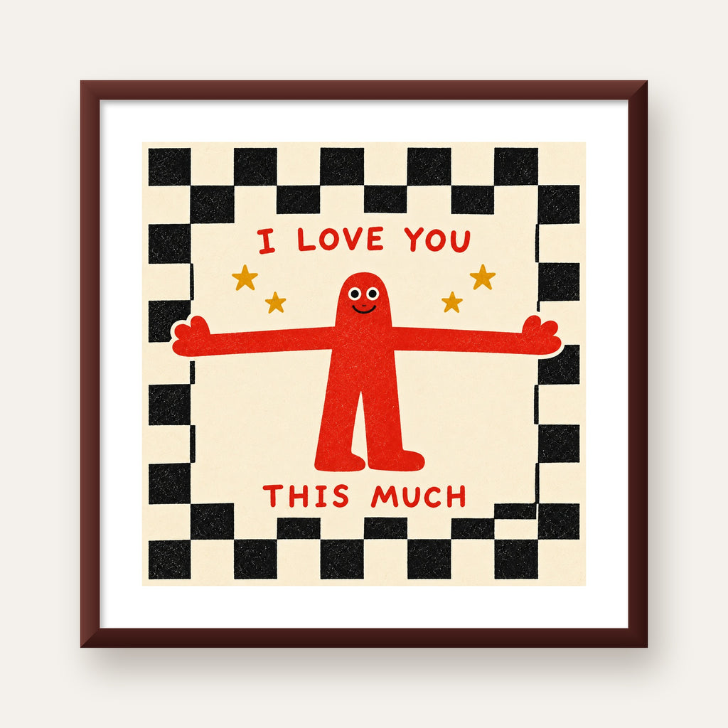 Sevimli Karakterli Aşk Mesajlı Çizgi Film Poster - I LOVE YOU — ceviz çerçeveli paspartulu