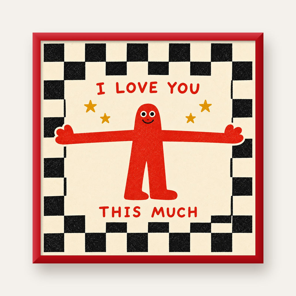 Sevimli Karakterli Aşk Mesajlı Çizgi Film Poster - I LOVE YOU — kırmızı çerçeveli